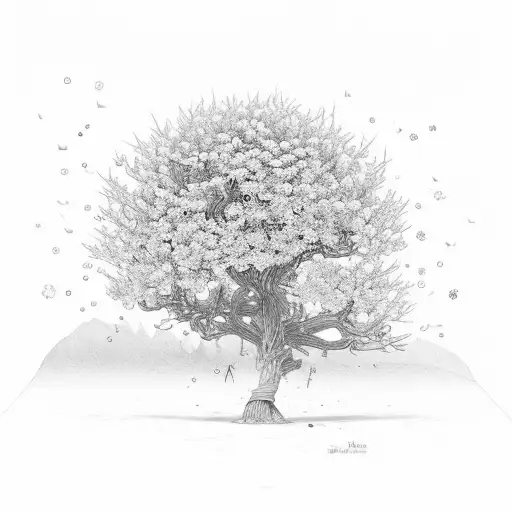 Sketch A Detailed And Intricate Scene Of An Elm Tree With Aster Flowers Falling Like Confetti