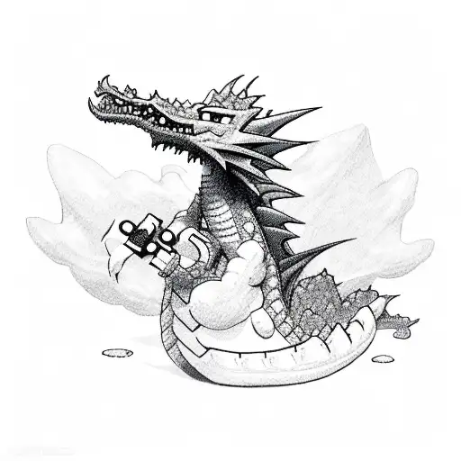 A Pixelated Dragon Breathing Fire Onto A Game Controller