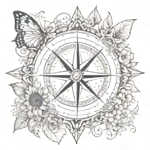 A Compass Rose Surrounded By Intricate Butterfly And Sunflower Patterns