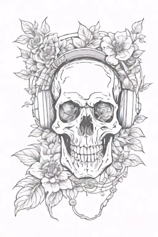 Skull Wearing Headphones With Flowers Growing