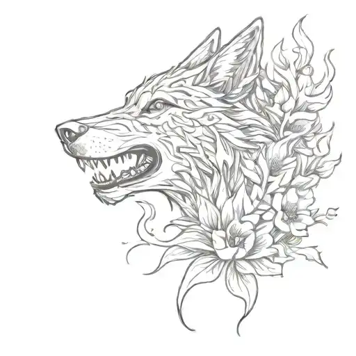 Flaming Wolf And Flowers