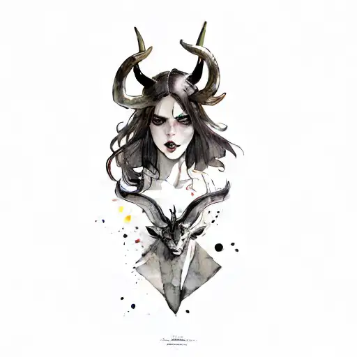 A Woman With Horns With Watercolor In Background