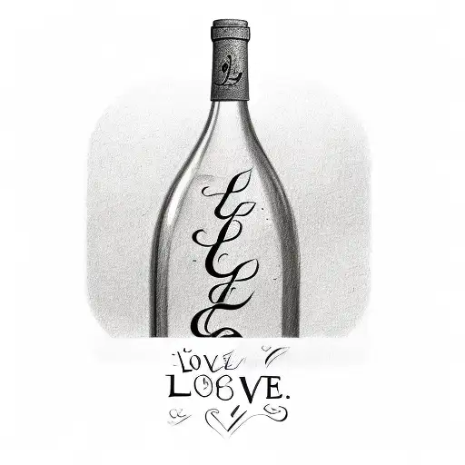 A Sketch Of A Wine Bottle And Glass With The Word 'Love' Written In Elegant Script