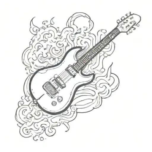 A Sketch Style Tattoo Of A Psychedelic Guitar Solo With Weed Smoke Forming Shapes Around It