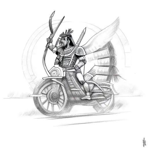 An Ancient Mayan Warrior Riding A Motorcycle In A Sketch Style