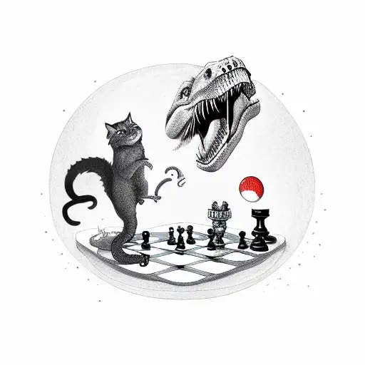 A Fierce T-rex Engaged In A Friendly Game Of Chess With A Cat