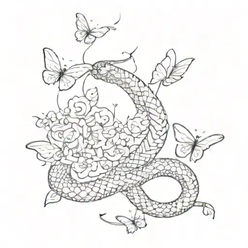 A Snake Weaving Through A Field Of Butterflies With Hearts Floating In The Background