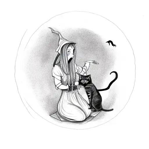 A Witch Casting A Spell With A Cat Familiar By Her Side
