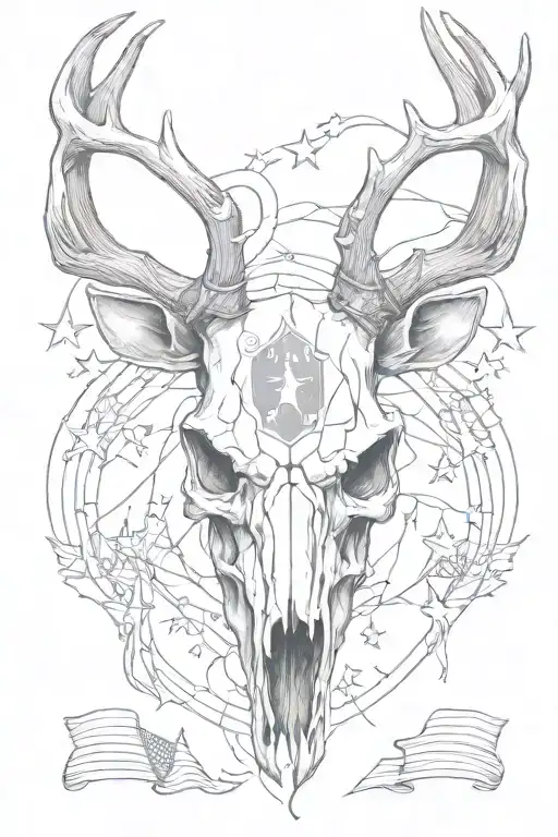 A Sketch Of A Deer Skull With Antlers Intertwined With An American Flag