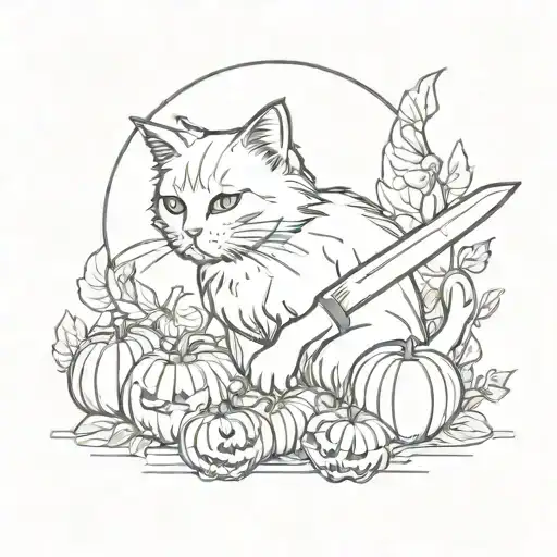 Cat Holding Knife With Pumpkins Around It And A Sun Above It