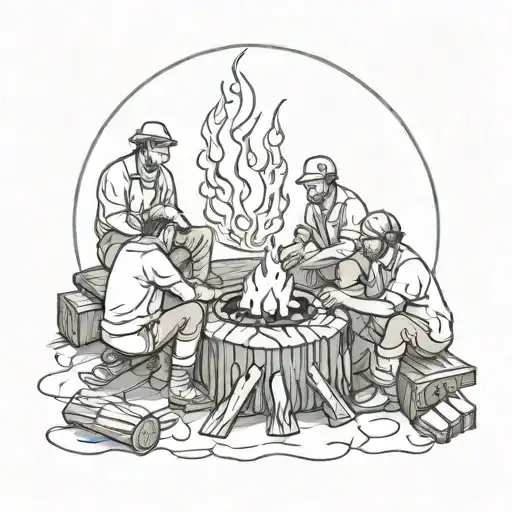 3 Men Sitting In A Circle Around A Campfire On Two Long Wooden Logs