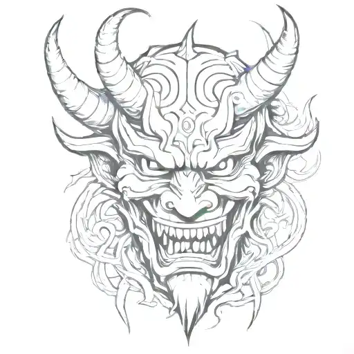 An Abstract Interpretation Of The Oni Demon Mask And The Backwards 5 Symbol In A Sketch Style