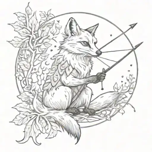 Fox Holding Bow And Arrow With Autumn Leaves Around It And A Moon Above It
