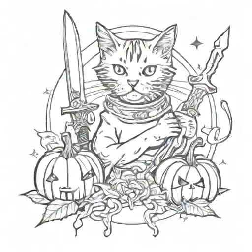 Cat Holding Dagger With Pumpkins Around It And A Sun Above It