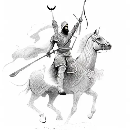 Anchient Muslim Warrior On A Horse With The Sun Setting