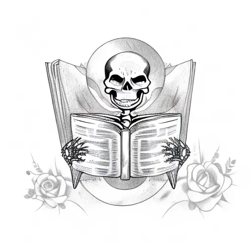 A Sketch-style Tattoo Of A Skeleton Reading A Book Under A Starry Sky