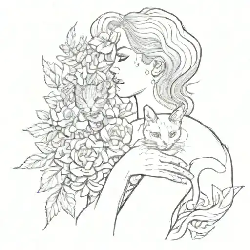 Woman And Cat With Flowers
