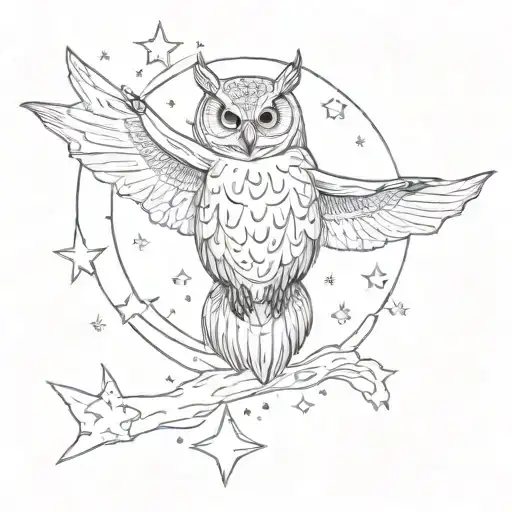 Flying Owl And Bat Through Starry Sky