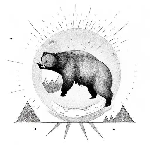A Sun With A Small Black Bear Climbing A Mountain Inside