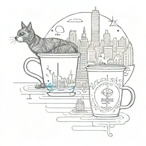 A City Skyline With Coffee Cup Skyscrapers And A Silhouette Of A Cat And Dog Walking Together