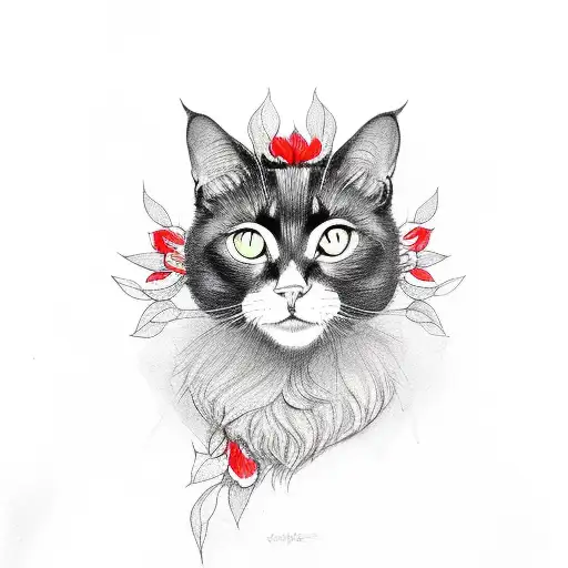 Black Cat Outline That Methamprposes With Red Flowers
