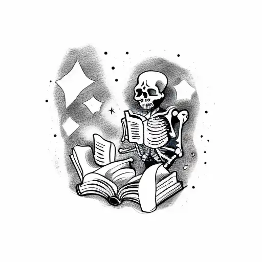 A Sketch-style Tattoo Of A Skeleton Reading A Book Under A Starry Sky