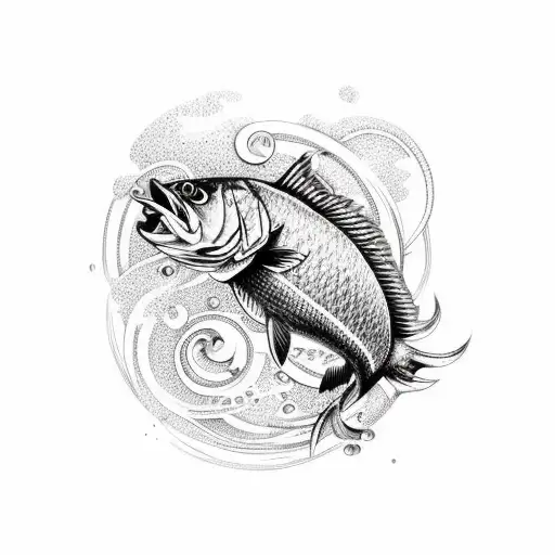 An Intricate Fishing Lure Surrounded By Swirling Waves And Fish In A Dotwork Style