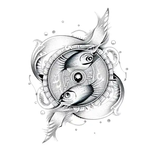 An Intricate Fishing Lure Surrounded By Swirling Waves And Fish In A Dotwork Style