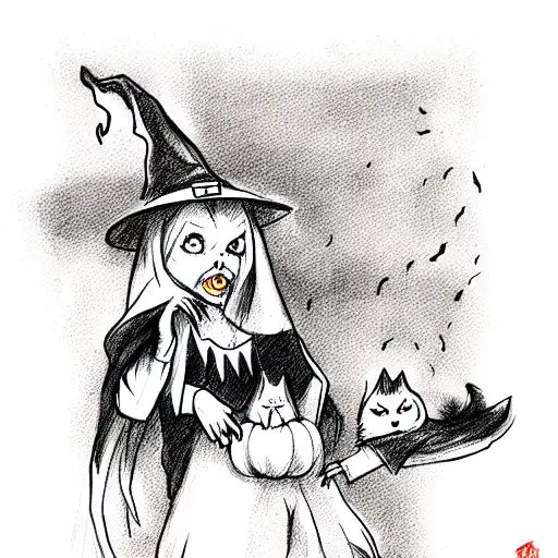 Witch On Halloween With Cats Dressed As Ghosts