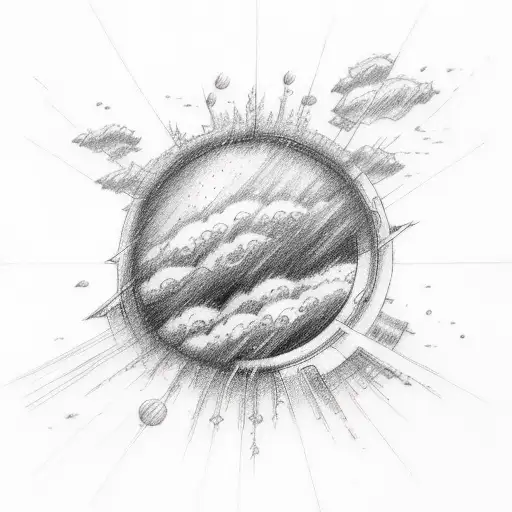 A Sketch-style Tattoo Depicting A Rainstorm On A Distant Planet