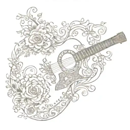 A Guitar Silhouette Filled With Intricate Line Art Floral Patterns