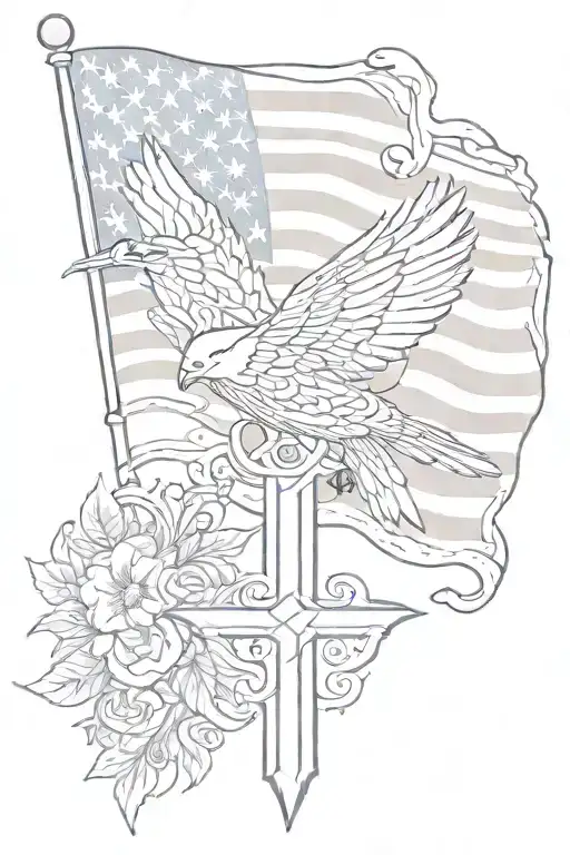 Us Flag Christian Cross And A Blue Bird Soaring