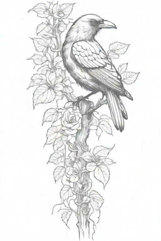 Black Rose Raven Perched On Vines Wrapping