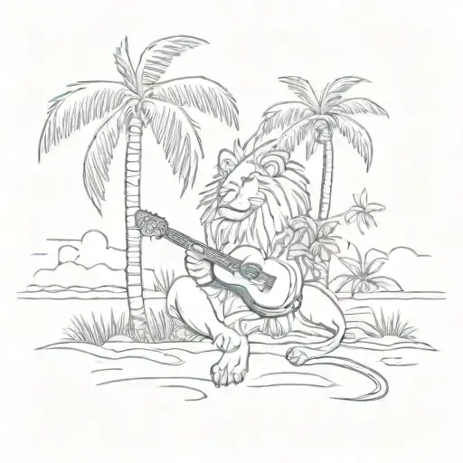 A Beach Scene With A Lion Playing A Guitar Under A Palm Tree