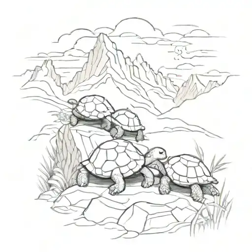 A Serene Mountain Landscape With A Family Of Turtles Enjoying The View