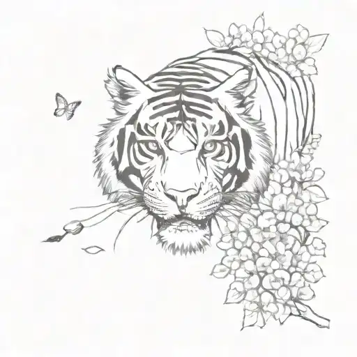 A Fierce Tiger Hunting In A Jungle With Cherry Blossoms