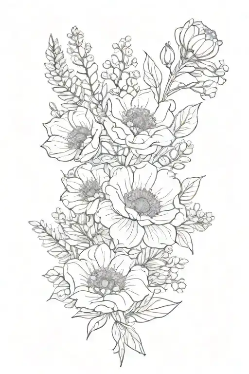 January And July Birth Flower Bouquet Simple Line Drawing