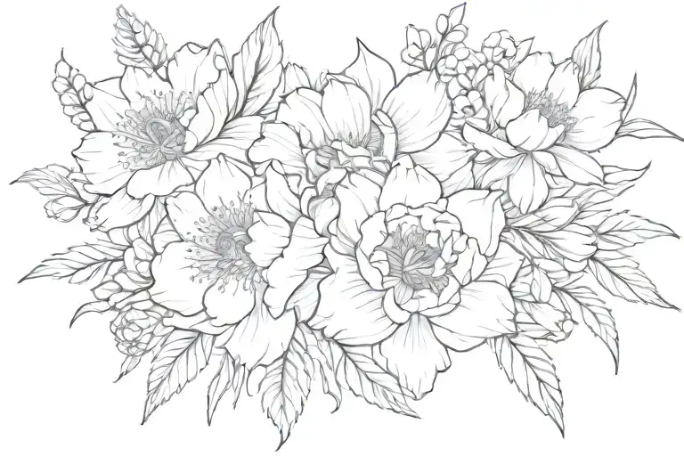 Fine Line Peony And Violets Daffodils Asters Rose Narcissus