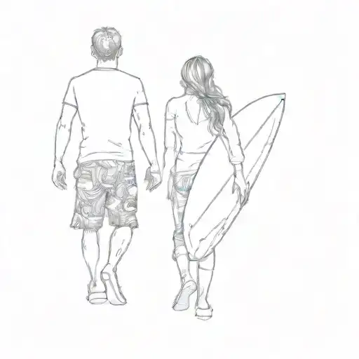 Two People Walking On A Beach With Surfboards