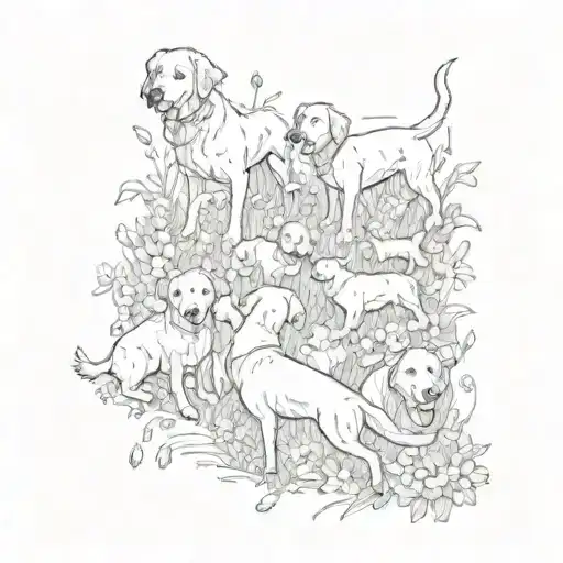 A Playful Scene Of Dogs And Kids Playing Together In A Field Of Flowers
