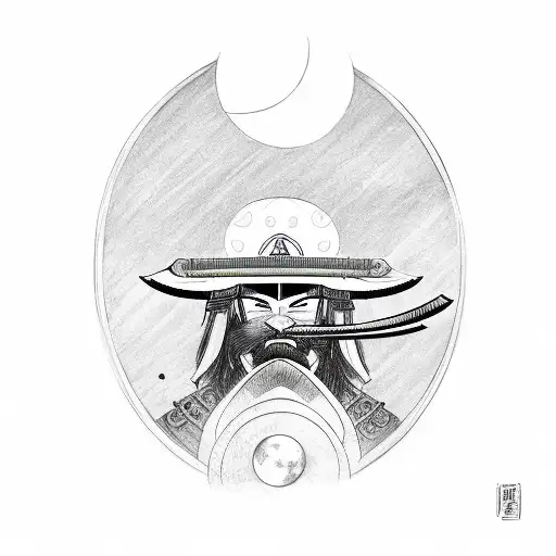 A Samurai Wearing A Hat With A Red Moon In The Background