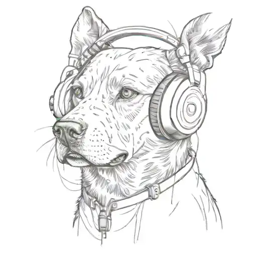 A Sketch Style Tattoo Of A Dog With Headphones Listening To Music