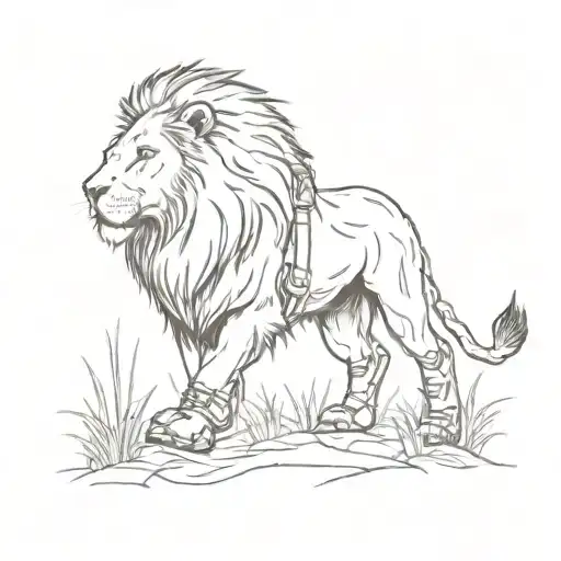 A Sketch-style Tattoo Of A Lion Walking Along A Forest Path With Hiking Boots And A Backpack