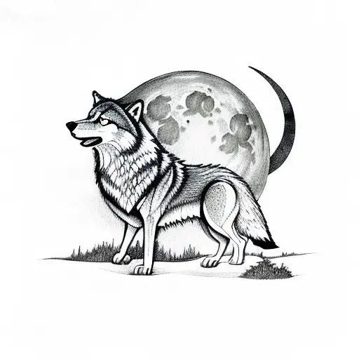 Wolf With Moon In Jungle
