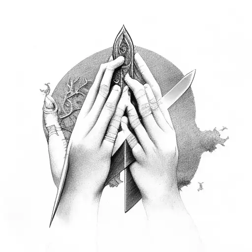 Fragile Women's Hands Hold A Halved Sword