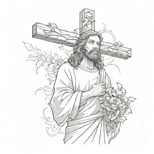 Jesus Holding A Cross With Flowers Surronding Him