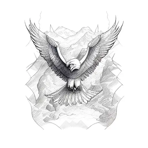 A Sketch-style Tattoo Of An Eagle With A Topographic Map Of A River Flowing Through Its Wings
