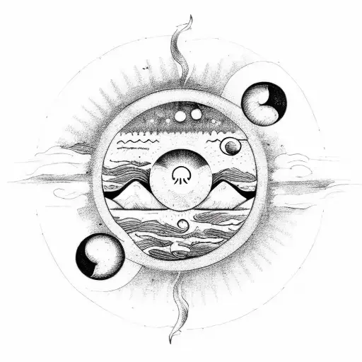 Sun And Moon With Couple Hugging In The Center