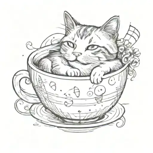 A Cat Curled Up Inside A Giant Coffee Cup With Music Notes Floating Around It