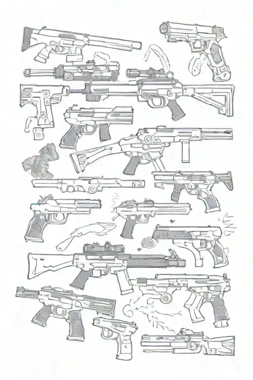 A Collage Of Sketches Of Different Weapons Combined With Elements Symbolizing Love And Family